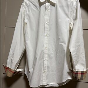 Butberry Men's White Shirt with Checkered Cuffs